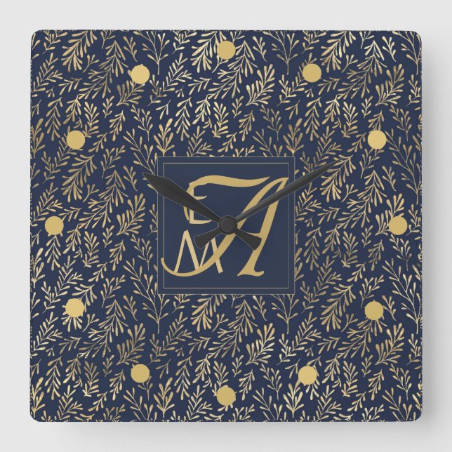 Monogram Navy Gold Leaf Newlyweds Home Decor Gift Square Wall Clock (Front)