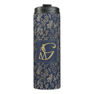 Monogram Navy Gold Leaf Newlyweds Home Decor Gift Thermal Tumbler