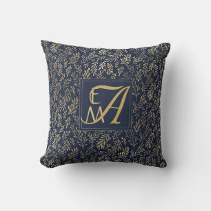 Monogram Navy Gold Leaf Newlyweds New Home Decor Cushion