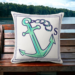 Monogram Navy Green Anchor Nautical Boat Cushion