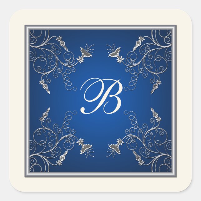Monogram Navy, Ivory, and Silver Floral Sticker (Front)