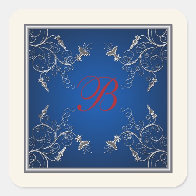 Monogram Navy, Ivory, Red, Silver Floral Sticker (Front)