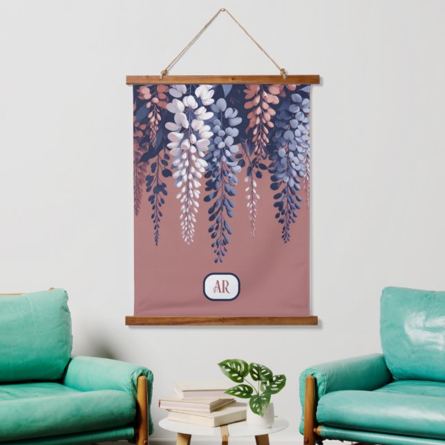 Monogram Navy Rose Wisteria Elegance Hanging Tapestry (Living Room)