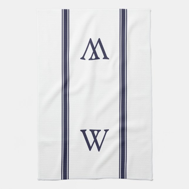 Monogram Navy Stripe Personalised Kitchen Towel (Vertical)