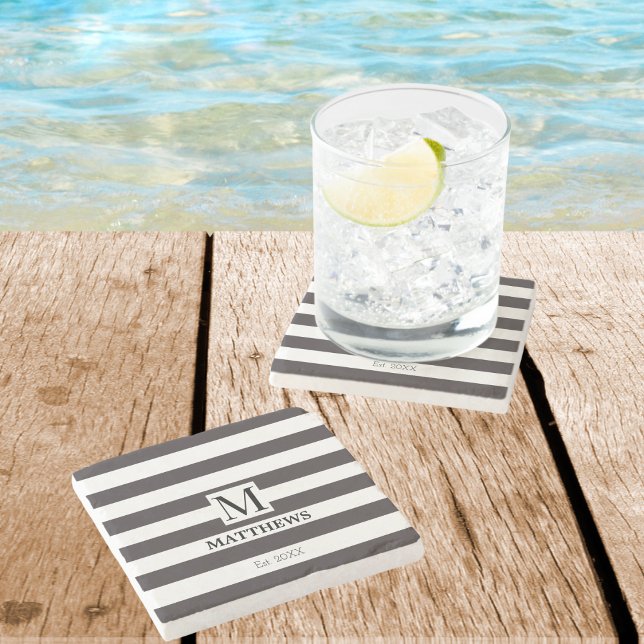Monogram Navy Stripes Family Name Beach House Stone Coaster (Creator Uploaded)
