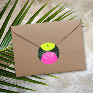 Monogram Neon Arches Tropical Palm Leaf Wedding Classic Round Sticker