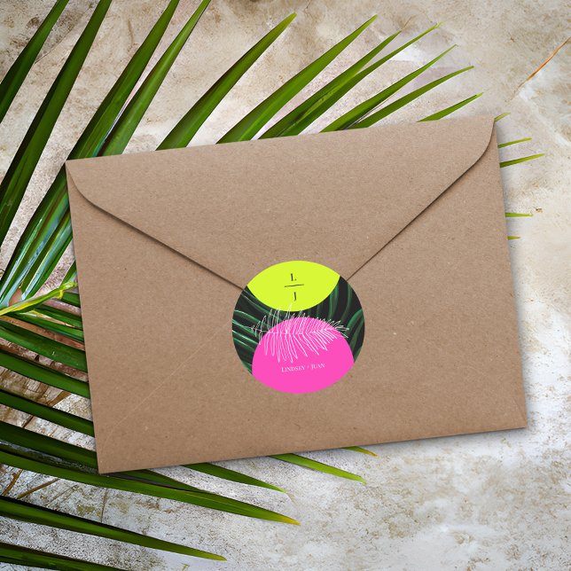 Monogram Neon Arches Tropical Palm Leaf Wedding Classic Round Sticker (Creator Uploaded)