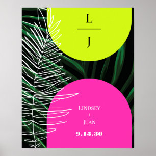 Monogram Neon Arches Tropical Palm Leaf Wedding Poster