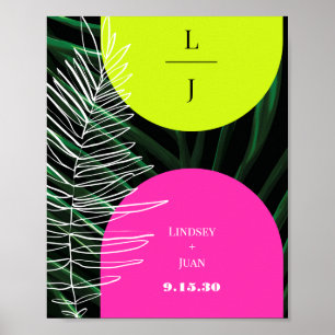 Monogram Neon Arches Tropical Palm Leaf Wedding Poster