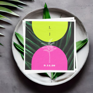 Monogram Neon Arches Tropical Palm Tree Wedding Napkin