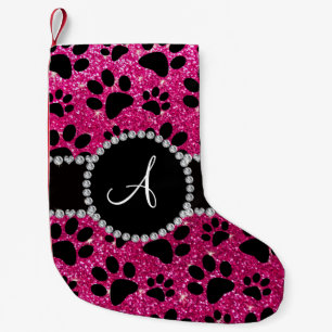 Monogram neon hot pink glitter dog paws small christmas stocking
