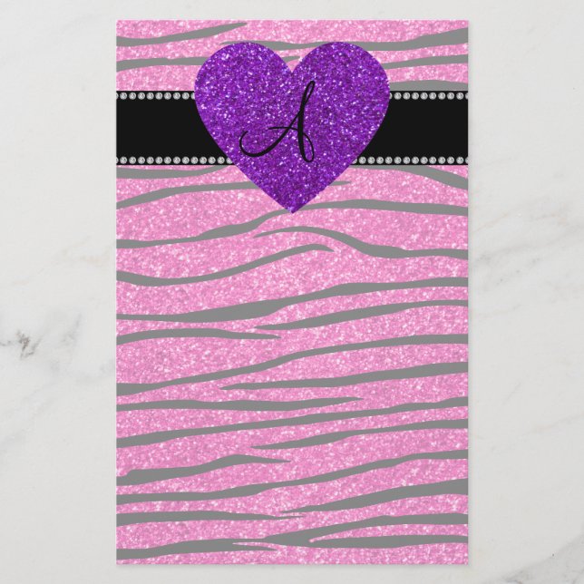 Monogram neon hot pink glitter zebra stripes pink stationery (Front)