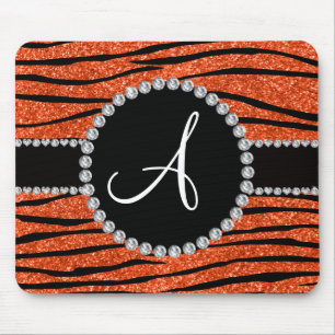 Monogram neon orange glitter zebra stripes circle mouse mat