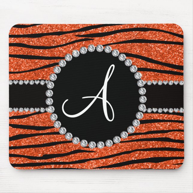 Monogram neon orange glitter zebra stripes circle mouse mat (Front)