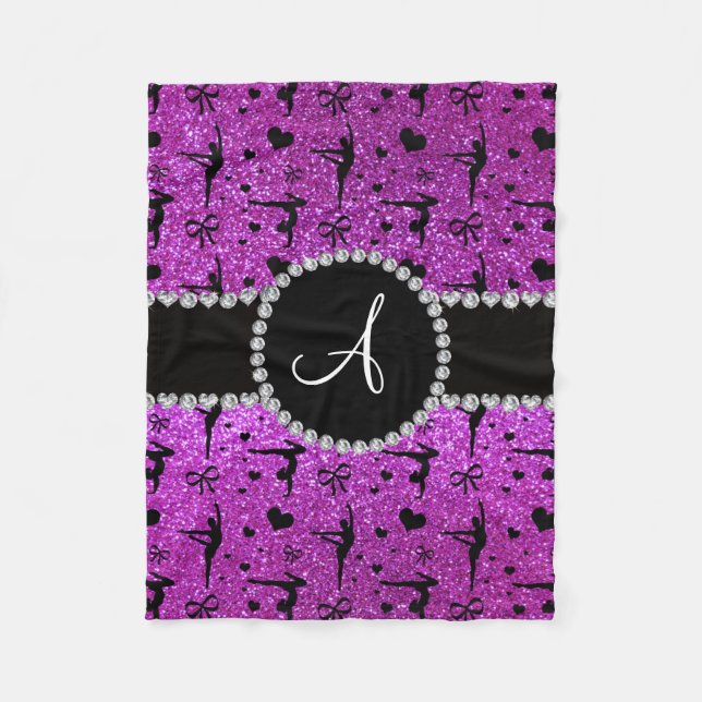 Monogram neon purple glitter gymnastics hearts fleece blanket (Front)