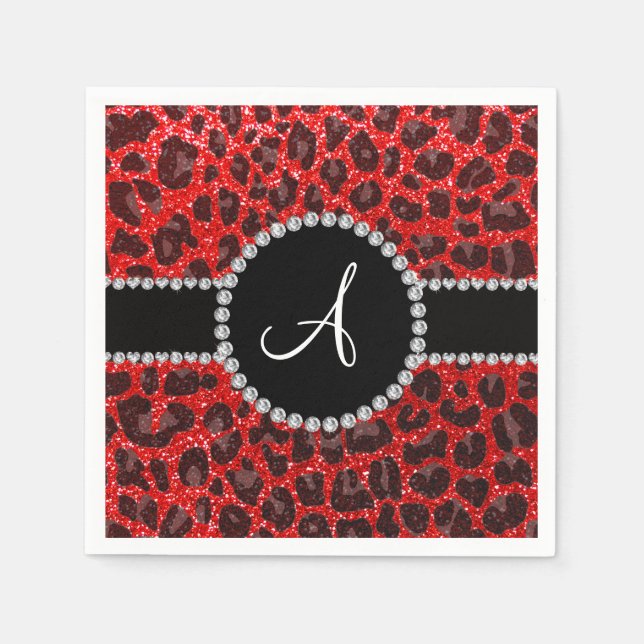 Monogram neon red glitter leopard napkin (Front)