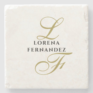 Monogram Neutral Gold Black Name Elegant Minimal  Stone Coaster
