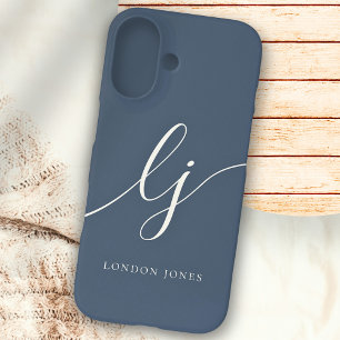 Monogram Neutral Modern Minimalist Stylish Navy iPhone 16 Case