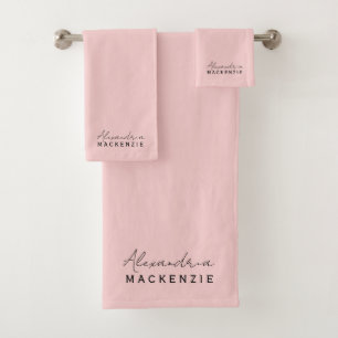Monogram Neutral Pink Elegant First Last Name Bath Towel Set