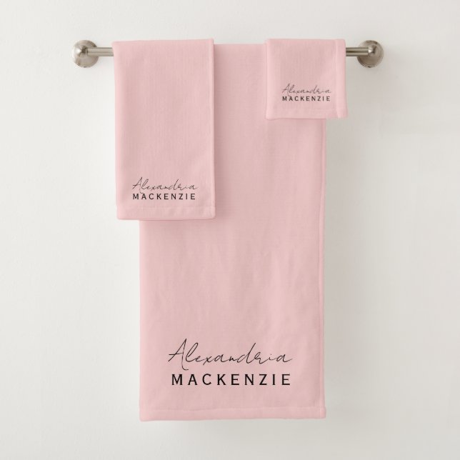 Monogram Neutral Pink Elegant First Last Name Bath Towel Set (Insitu)