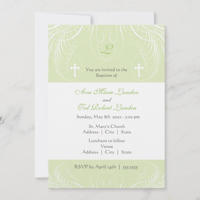 Monogram Neutral Twins Baptism Invitation (Front)