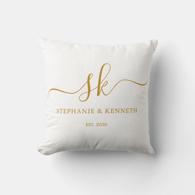 Monogram Newlyweds Gold Script Wedding Gift Cushion (Front)