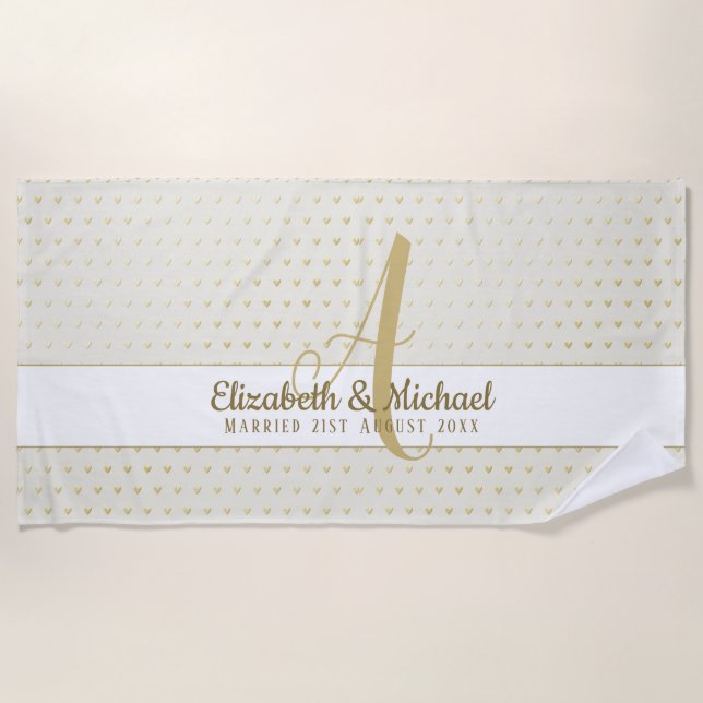 Monogram Newlyweds Wedding Gold Elegant Gift Beach Towel (Front)