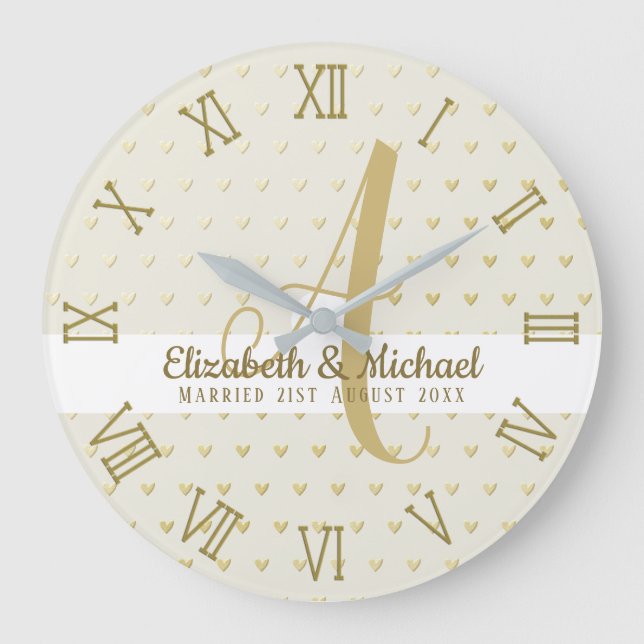 Monogram Newlyweds Wedding Gold Elegant Gift Large Clock (Front)