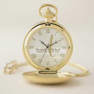 Monogram Newlyweds Wedding Gold Elegant Gift Pocket Watch