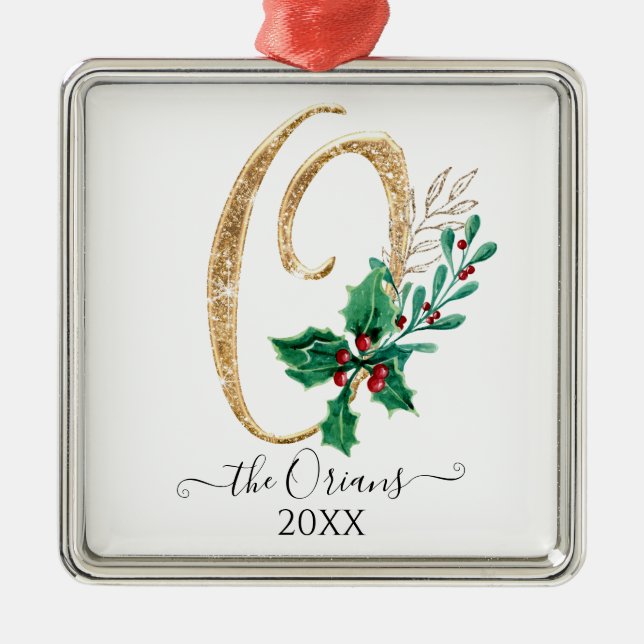 Monogram O Gold Glitter Christmas Holly Foliage Metal Tree Decoration (Front)