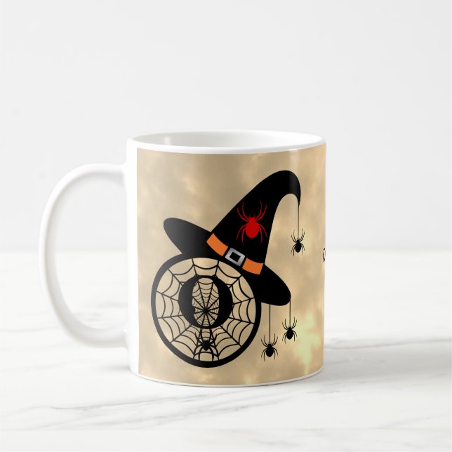 Monogram O Halloween Sky Witch Spiders Name Coffee Mug (Left)