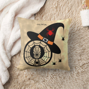Monogram O Halloween Sky Witch Spiders Name Cushion