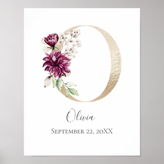 Monogram O Pink White Floral Gold Letter Nursery Poster (Front)