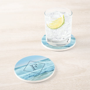 Monogram Ocean Wave Crashing on Shore Coaster