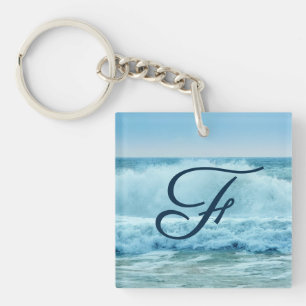Monogram Ocean Wave Crashing on Shore Key Ring