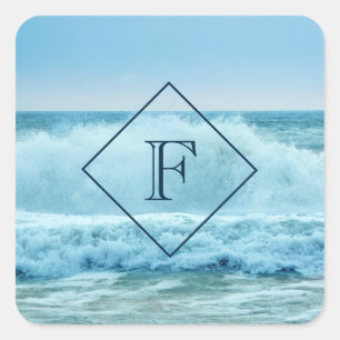 Monogram Ocean Wave Crashing on Shore Square Sticker