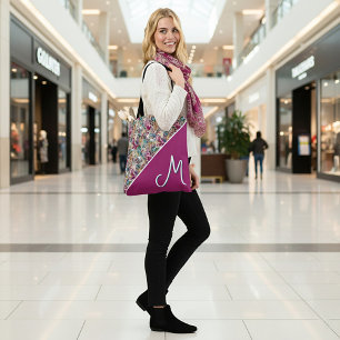 Monogram offset Boroque floral pattern Tote Bag