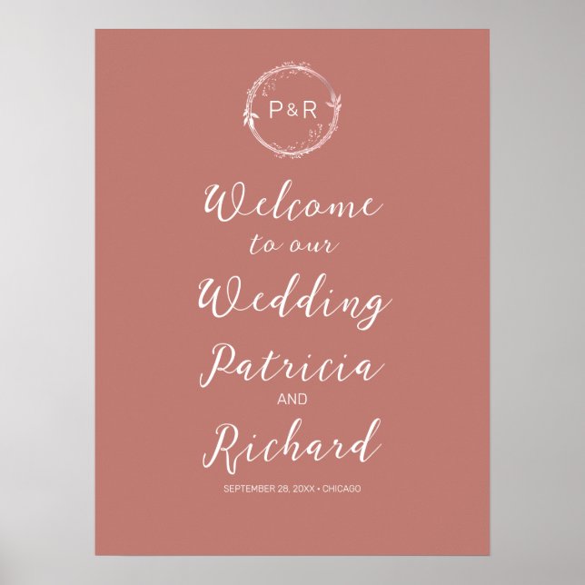 Monogram Old Rose Wedding Welcome Sign Board (Front)