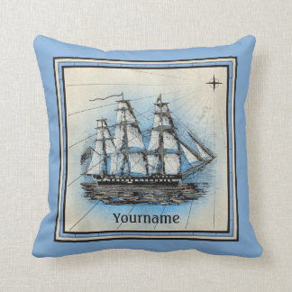 Monogram Old Ship Vintage Blue Nautical Compass Cushion