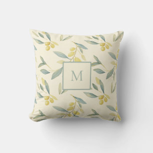 Monogram Olive Branch Mediterranean Throw Pillow