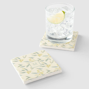 Monogram Olive Branch Mediterranean Throw Pillow Stone Coaster