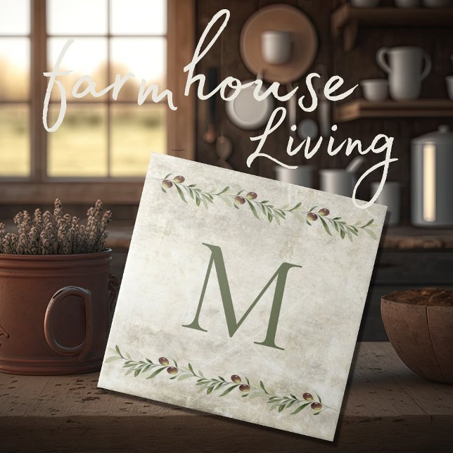 Monogram Olive & Branches Rustic Personalised Tile (Creator Uploaded)