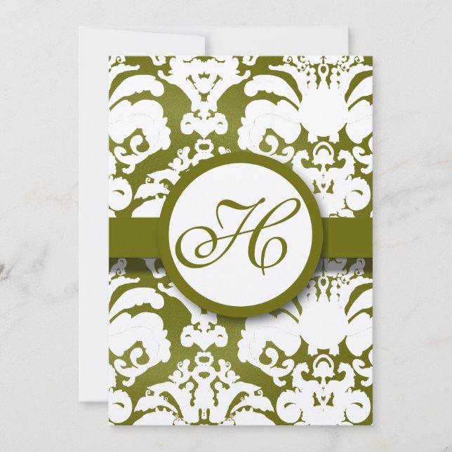 Monogram Olive Damask Wedding Invitation (Front)