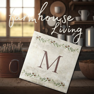 Monogram Olive Garland Rustic Personalised Brown Tile