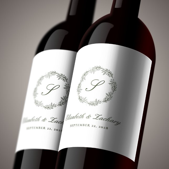 Monogram Olive Green Foliage Wreath Wine Label (Creator Uploaded)