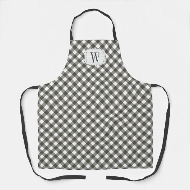 Monogram Olive Green Gingham Farmhouse style Apron (Front)