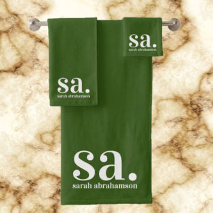 Monogram Olive Green Minimalist Elegant Bath Towel Set