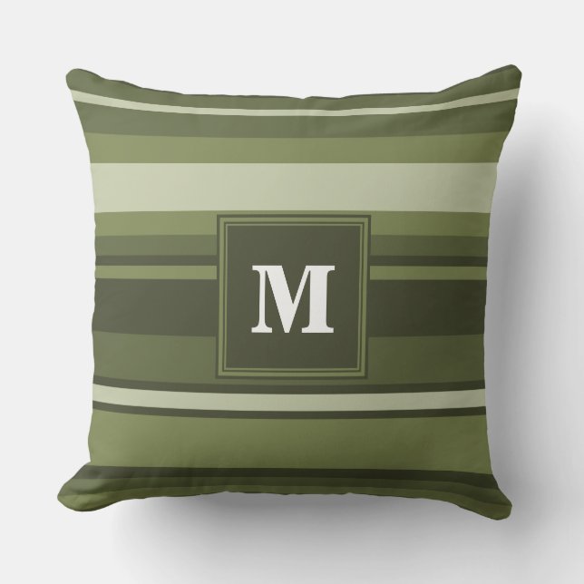 Monogram olive green stripes cushion (Front)