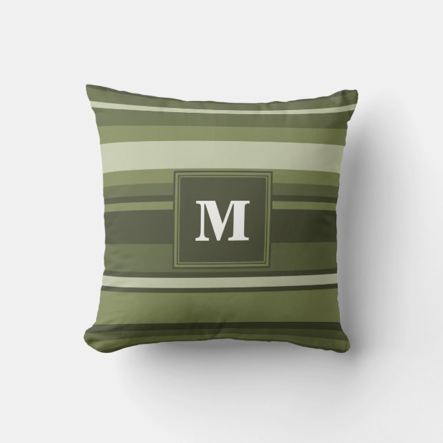Monogram olive green stripes cushion (Front)