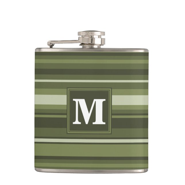 Monogram olive green stripes hip flask (Front)